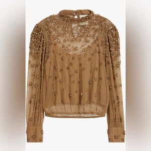 Farm Rio Embellished Brown Sheer Lined Women's Top